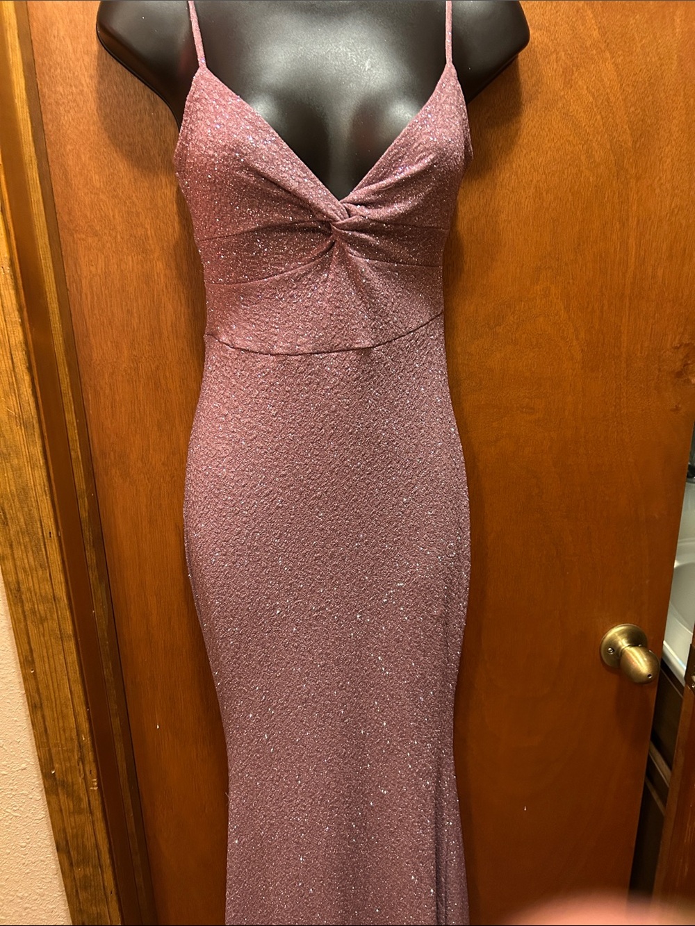 Windsor Sparkle Twist-Front Spaghetti Strap Evening Gown in Mauve
